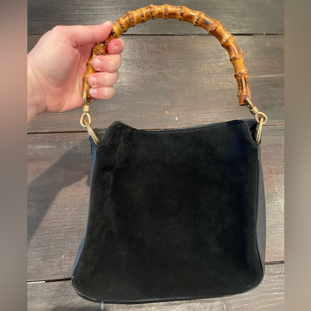 Gucci Vintage Hobo Bag Bamboo Handle Black Leather Suede Diana Tote